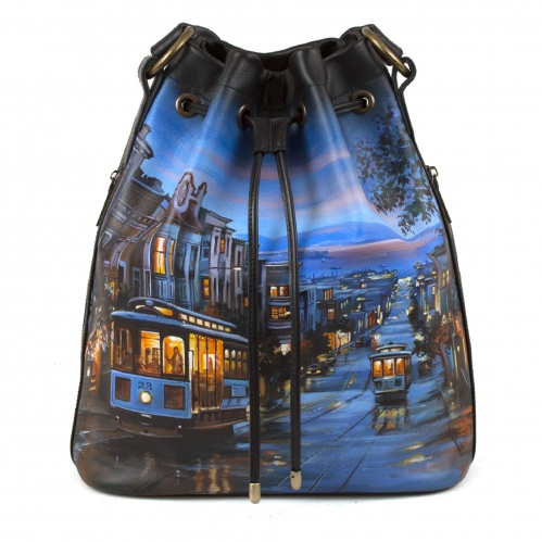 Женская кожаная сумка мешок с росписью "Вечерняя дорога" фото фото 4