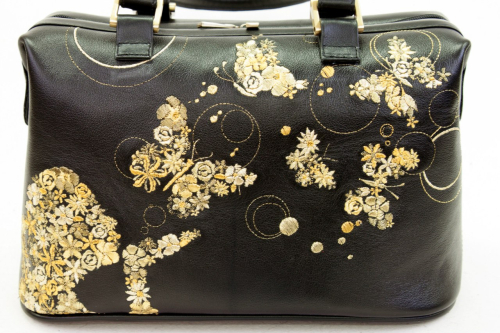 Кожаная сумка саквояж с вышивкой "Золотые бабочки" фото фото 2