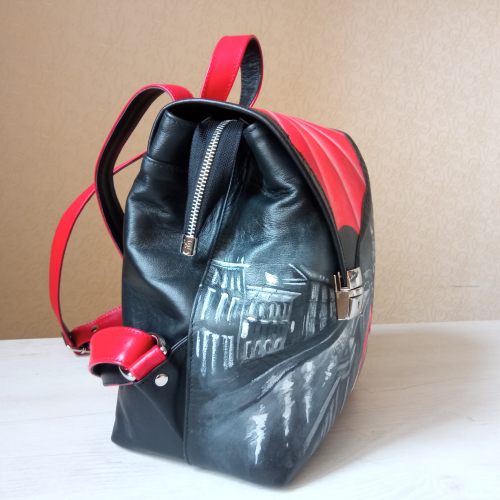 Женский кожаный черный рюкзак с росписью "Встреча на канале Грибоедова" фото фото 4