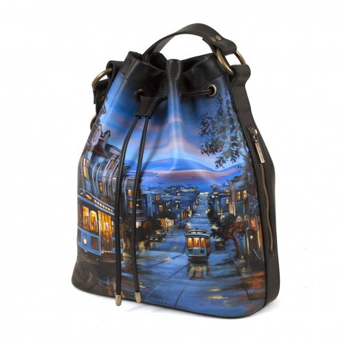Женская кожаная сумка мешок с росписью "Вечерняя дорога" фото фото 2