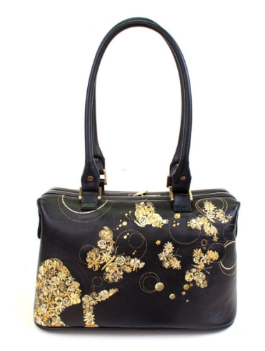 Кожаная сумка саквояж с вышивкой "Золотые бабочки" фото