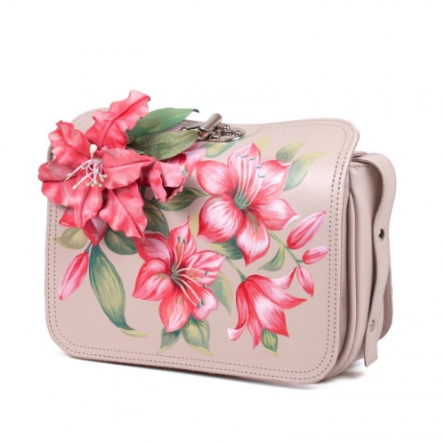 Плечевая сумка на ремне с росписью и объемным цветком "Лилии" фото фото 2