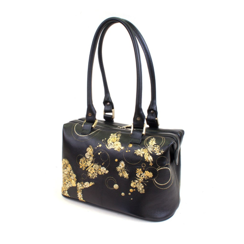 Кожаная сумка саквояж с вышивкой "Золотые бабочки" фото фото 4