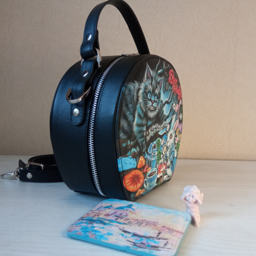 Полукруглая женская сумка с росписью "Чеширский кот" фото фото 7