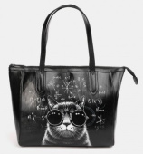 Черная кожаная сумка шоппер с рисунком «Кот в очках»