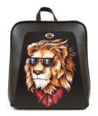 Маленький черный кожаный рюкзак с ручной росписью "Брутальный лев"