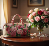 Женский саквояж из натуральной кожи с рисунком "Розовый цвет"