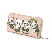 Розовый кошелек на молнии с кожаной аппликацией "Пандочки" - ручная работа
