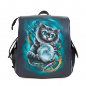 Женский кожаный рюкзак с росписью "Чешир с часами"