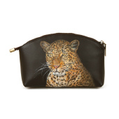 Черная косметичка из натуральной кожи с рисунком ручной работы "Гепард"