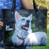 Кожаная сумка шоппер на плечо с портретом овчарки ручной работы