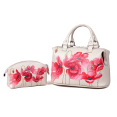 Кожаный комплект «Маки»: саквояж и косметичка с рисунком