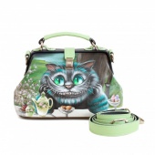 Кожаная сумка саквояж с рисунком Чешира "Чаепитие"