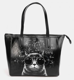 Черная кожаная сумка шоппер с рисунком «Кот в очках» - кожаная и замшевая женская сумка шоппер ручной работы с рисунком и вышивкой |  Sumnizza