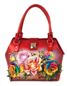 Кожаный саквояж с росписью и аппликацией "Золотые розы"
