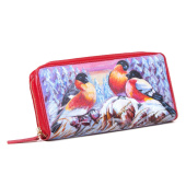 Женский кошелек на молнии с рисунком ручной работы "Снегири"