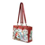 Кожаная сумка-шоппер красного цвета с ручной росписью снегирей и аппликацией