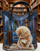 Шоппер кожаный с рисунком «Котик с книжками» — ручная работа