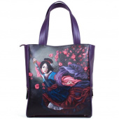 Большой кожаный шоппер с рисунком ручной работы «Девушка с мечом» - женская кожаная и замшевая сумка шоппер  ручной работы с рисунком и вышивкой