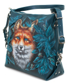 Сумка хобо и рюкзак трансформер 2 в 1 - трендовая кожаная модель с росписью Лисичка Бирюзовая