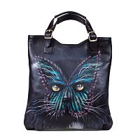 Женский кожаный шоппер с рисунком "Кот-бабочка" ручной работы - женская кожаная и замшевая сумка шоппер  ручной работы с рисунком и вышивкой