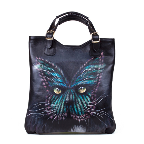 Женский кожаный шоппер с рисунком "Кот-бабочка" ручной работы - кожаная и замшевая женская сумка шоппер ручной работы с рисунком и вышивкой |  Sumnizza