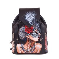 Чёрный кожаный рюкзак женский "Любовь и смерть" с росписью, принтом - фото