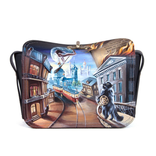 Женская кожаная сумка через плечо с рисунком ручной работы "Мастер и Маргарита" — кросс боди ручной работы с принтом