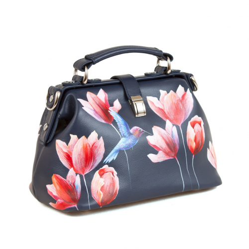 Кожаная женская сумка-саквояж "Колибри над цветком" фото фото 2