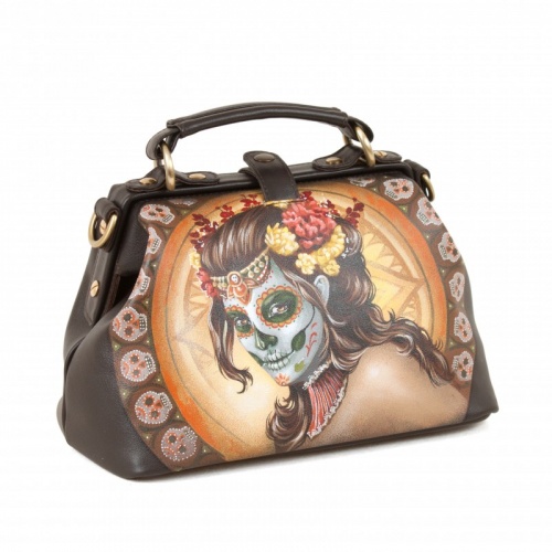 Кожаная сумка-саквояж с принтом "Мертвая невеста" с росписью, принтом - фото фото 2