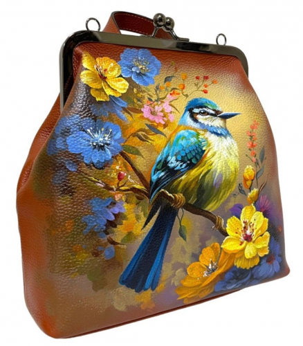 Кожаная сумка-рюкзак на фермуаре с росписью "Птичка" фото фото 4