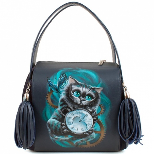Женская модная квадратная сумка "Чешир с часами" с рисунком, принтом, росписью фото