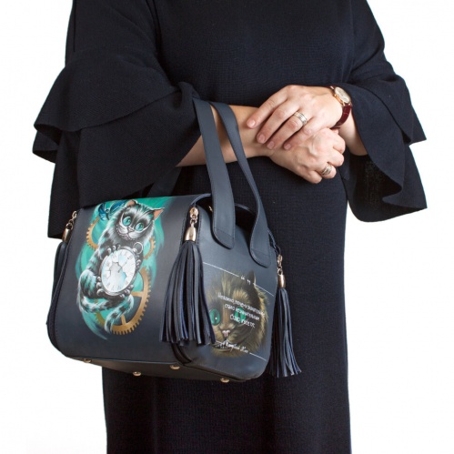Женская модная квадратная сумка "Чешир с часами" с рисунком, принтом, росписью фото фото 3