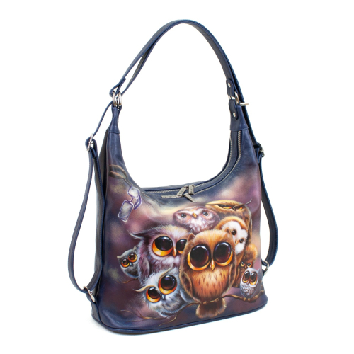 Сумка мешок и рюкзак трансформер 2 в 1 - топовая кожаная хобо с росписью Совушки - кожаная женская сумка хобо, сумка мешок ручной работы с рисунком на заказ |  Sumnizza фото 4