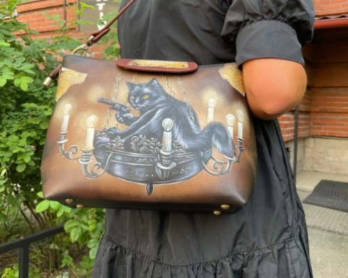 Кожаная сумка с росписью "На прицеле у Кота Бегемота" фото фото 6