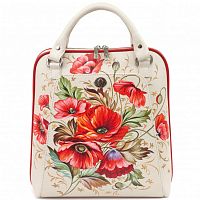Кожаная модная сумка-рюкзак "Маки" с росписью, принтом - фото