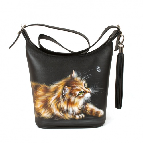 Кожаная сумка хобо с рисунком котенка "Кот и мотылек" фото фото 3