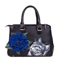Большая деловая женская сумка "Цветок и котик" с рисунками, росписью ручной работы - фото