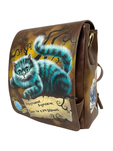 Рюкзак сумка с рисунком ручной работы «Чеширский кот» - кожаный рюкзак ручной работы с оригинальным рисунком на заказ |  Sumnizza фото 3