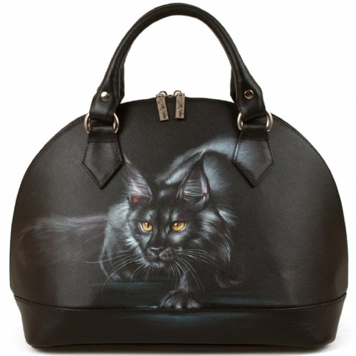 Большая полукруглая сумка с росписью "Кошка охотница" фото