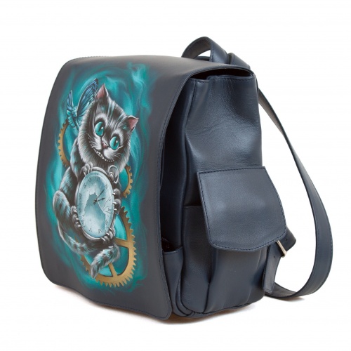 Женский кожаный рюкзак с росписью "Чешир с часами" фото фото 2
