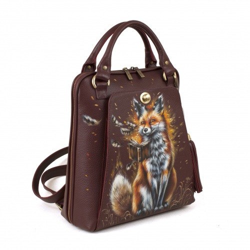 Кожаная сумка-рюкзак с роспись "Лисёнок с книжкой" фото фото 2