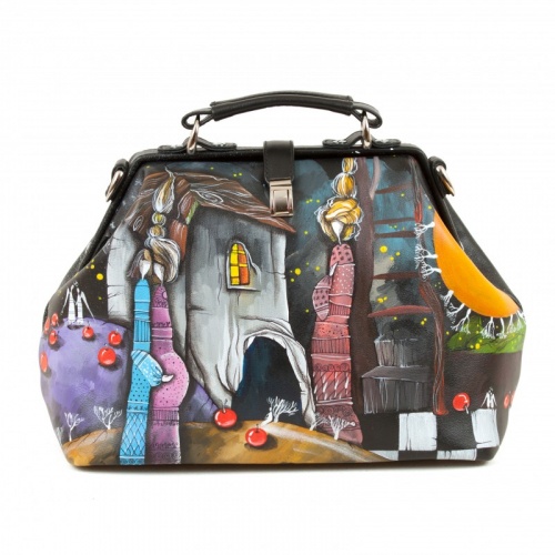 Женская сумка-саквояж из кожи "Этно дом" с рисунком, росписью, принтом - фото
