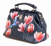 Кожаная женская сумка-саквояж "Колибри над цветком" фото