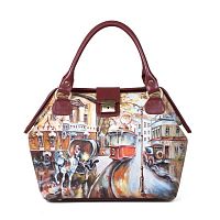 Женская сумка-саквояж из кожи "Ретро-трамвай" с росписью, принтом - фото