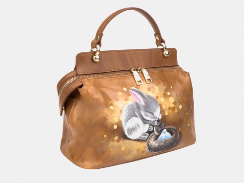 Красивая сумка с росписью по коже "Зайка и птенец" фото фото 2
