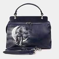 Женская кожаная сумка на молнии с росписью "Котик на луне" фото
