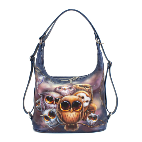 Сумка мешок и рюкзак трансформер 2 в 1 - топовая кожаная хобо с росписью Совушки - кожаная женская сумка хобо, сумка мешок ручной работы с рисунком на заказ |  Sumnizza фото 3