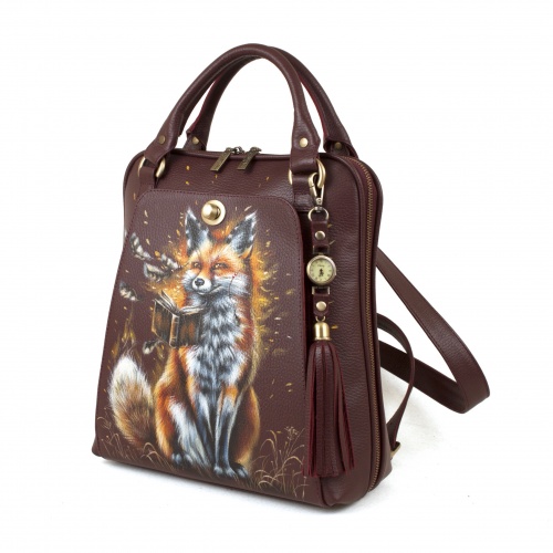 Кожаная сумка-рюкзак с роспись "Лисёнок с книжкой" фото фото 5