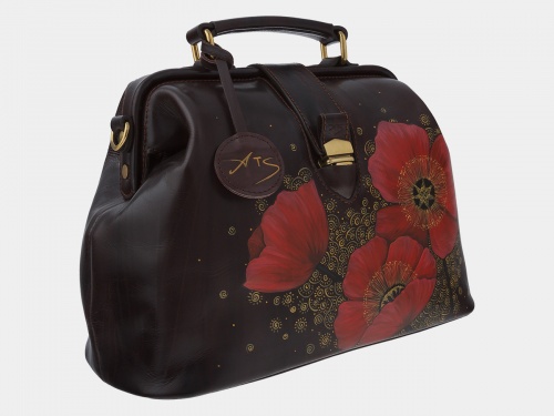 Женская кожаная сумка саквояж "Маки" фото фото 2